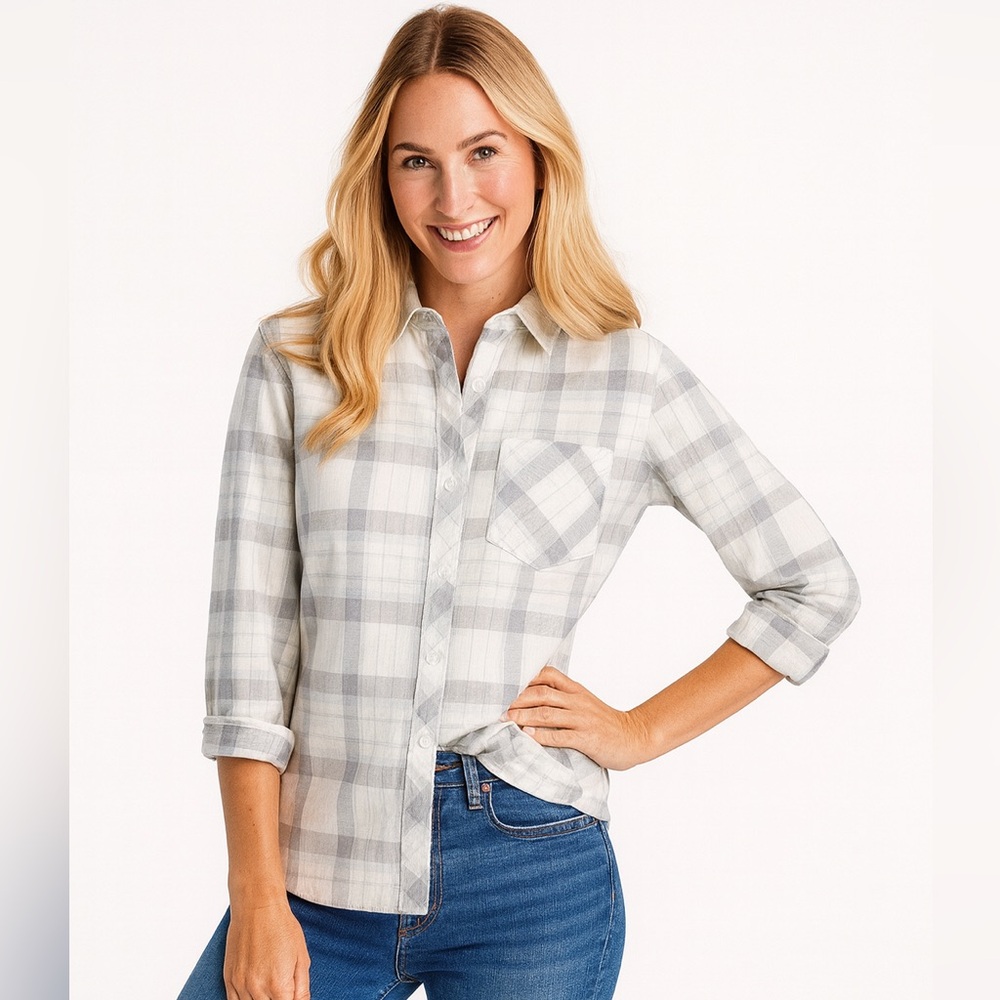 Vineyard Vines Gray Relaxed Fit Plaid Button-Down Shirt Women’s Size 2 Flannel
